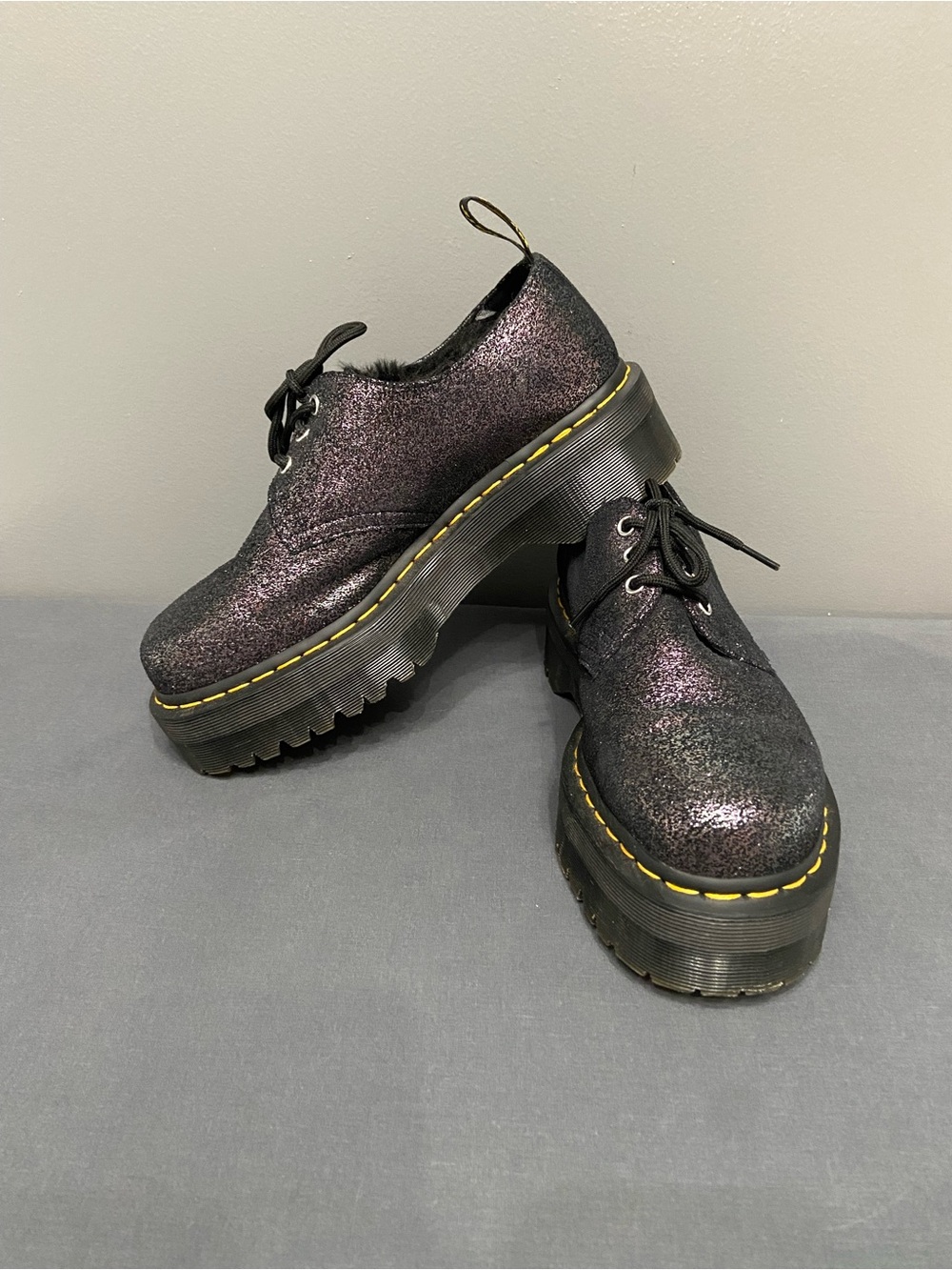 DR MARTENS Deep Purple Sparkle Platforms Faux Fur Lined Dark Fairy Vamp Goth 10